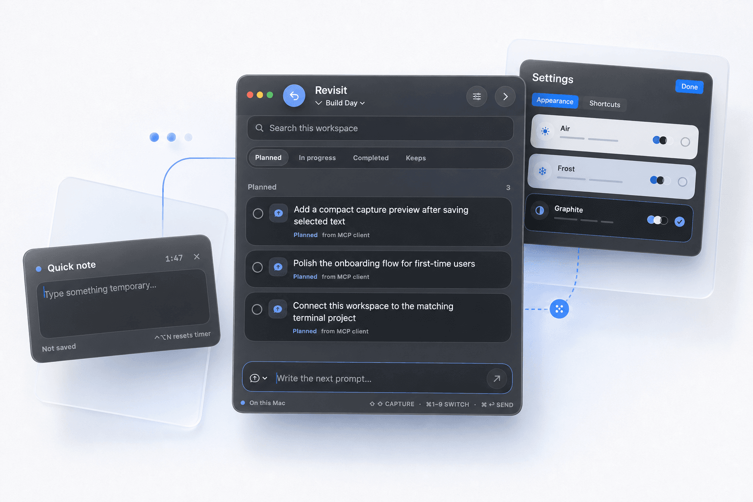 A composed Revisit product scene with the project board, a quick note, and appearance settings floating together